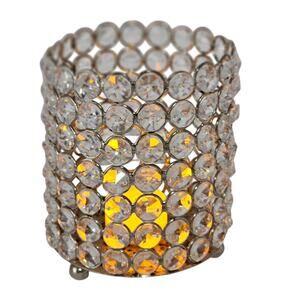 Glamorous Crystal Pillar Votive Holder, Hollywood Silver Decor, 5.25 x 4.5